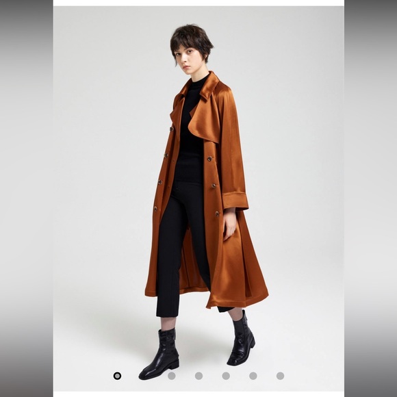 Latellier Silk Satin Like Double-Breasted Trench Coat Orange/Rust Jacket - Picture 2 of 6